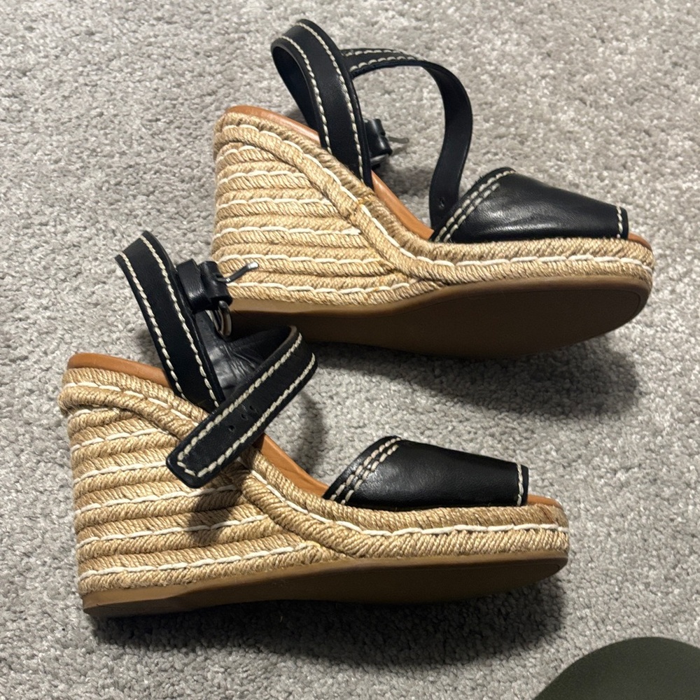 Prada Black Leather Wedge Sandals with Espadrille Detailing - Picture 2 of 5